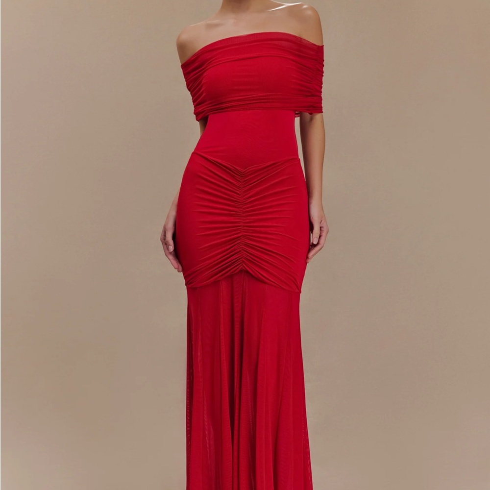 Meshki Capsian Slinky And Mesh Off Shoulder Maxi Dress
